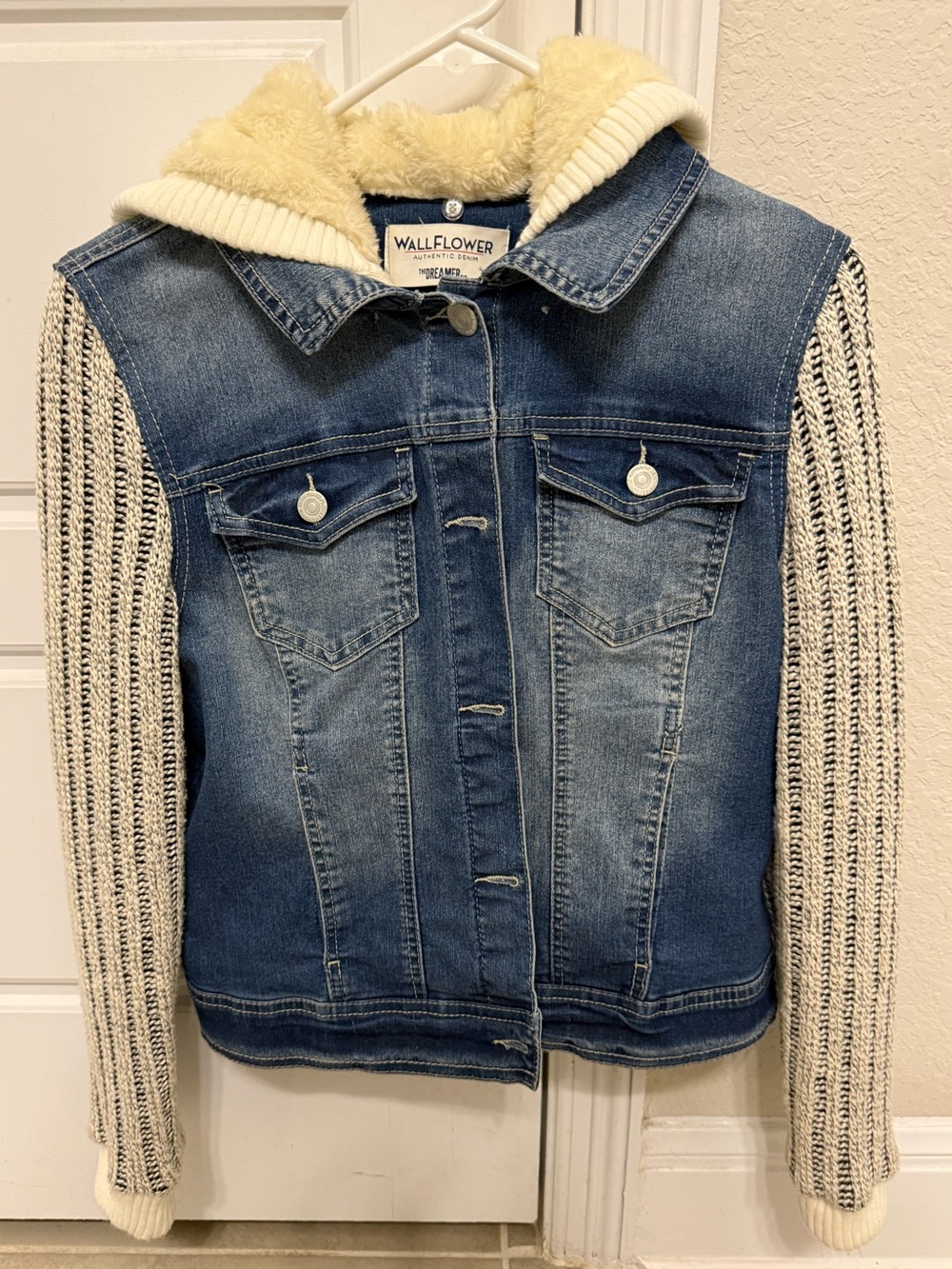 Wallflower | Navy Denim Jacket with Cream Sherpa Lining - Removable Hood